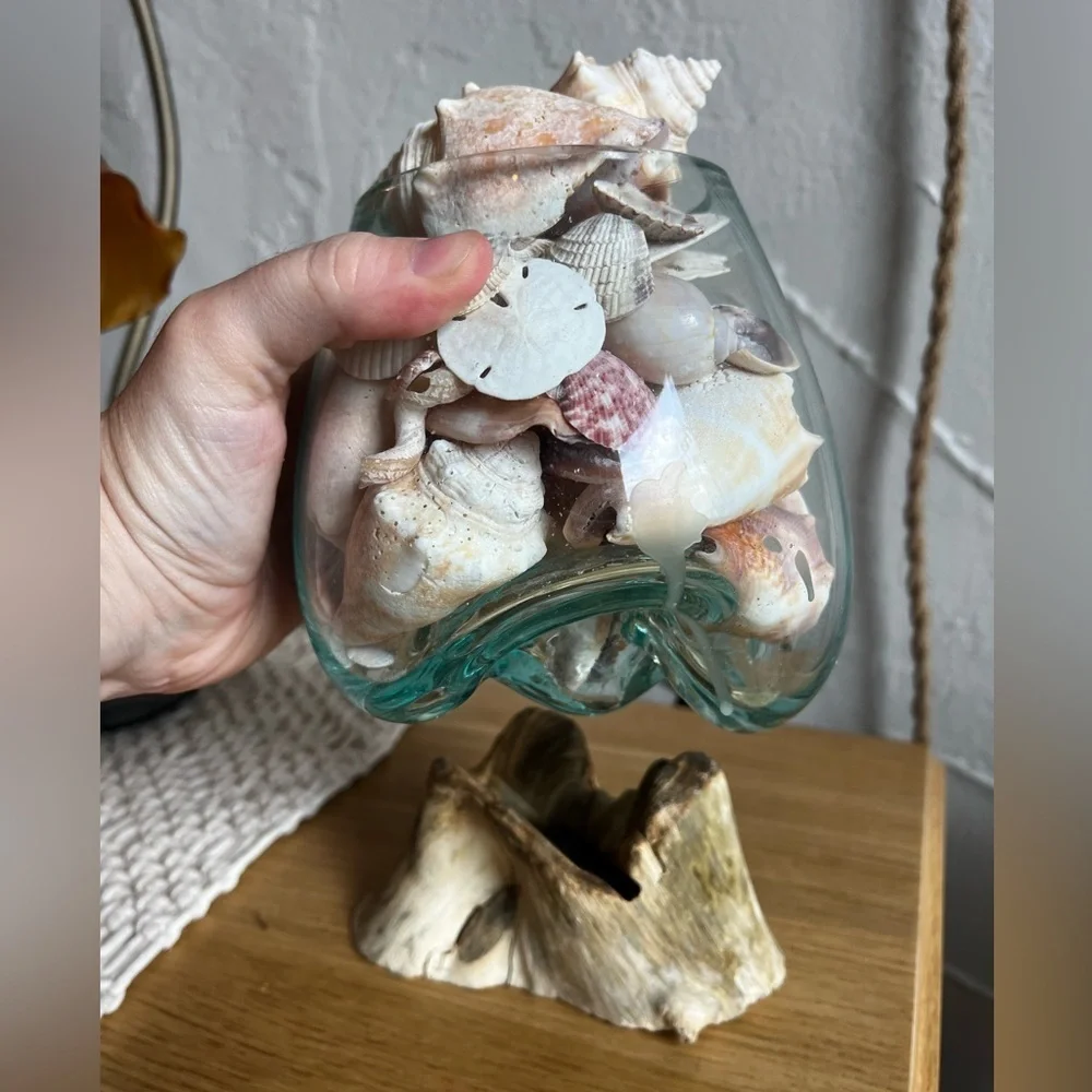 Molten Glass on Driftwood Sculpture – Coastal Vase or Shell Display, Ocean Decor